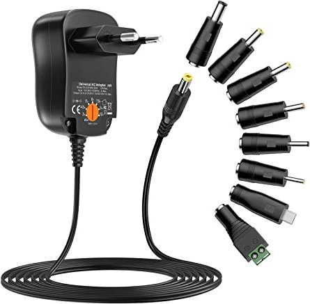 Alimentatore universale da 12 W, 3 V, 4,5 V, 5 V, 6 V, 7,5 V, 9 V, 12 V, 1 A, AC DC, con 8 connettori DC per altoparlanti, fotocamera, lampada e più elettronica domestica, 1000 mA.
