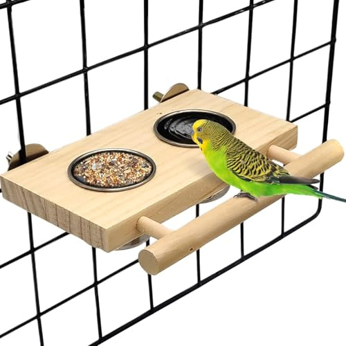 Kathson Vogelfutter Edelstahl Tassen Holz Sitzstange Stand Hanging Feeder Schalen Fütterung und Tränken Zubehör für Sittiche Sittiche Wellensittiche Papagei