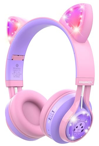 Riwbox Auriculares para niños, CT-7S Auriculares Bluetooth con orejas de gato con luz LED, límite de volumen de 85 dB, sobre la oreja con micrófono para portátil/PC/TV (rosa y morado)