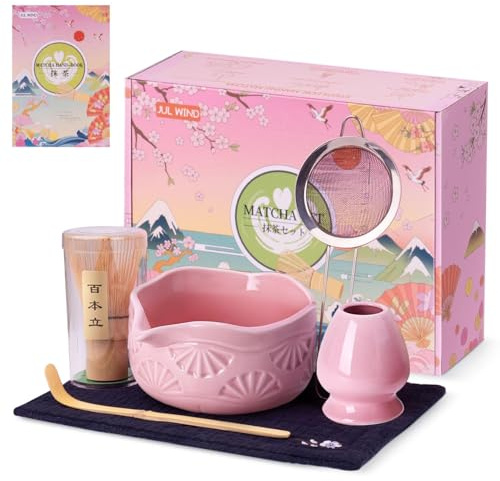 JUL WIND Matcha Whisk Set, Ceramic Matcha Set Includes Matcha Bowl with Spout, Matcha Whisk and Holder, Bamboo Scoop, Sifter and Tea Towel - 6 Pcs Matcha Kit Gift for Matcha Lovers (Pink)
