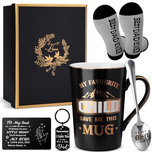 Dad Gifts from Daughter Son Wife, Funny Dad Birthday Gifts Set for Daddy | Fathers Day Presents with Coffee Mug Spoon Socks Keyring Wallet Card Gift Box, Express your love for Dad, Dishwasher Safe