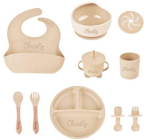 Set Alimentazione Bambino in Silicone Personalizzato con Nome Inciso Kit Svezzamento Autonomo (BLW) Bavaglino, Bicchiere, Piatto Divisorio, Ciotola, Cucchiaio, Forchetta | Stoviglie Neonati e Bambini
