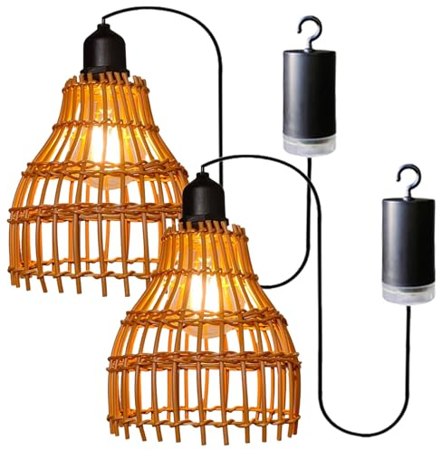 GOMETY 2er Pack Hängelampe Outdoor, Boho Rattan Hängelampe mit Fernbedienung, Lampe Außen Hängeleuchte, IP65 Wasserdicht Boho Hängeleuchte Lampe E27 Vintage für Garten Balkon Pavillon Küche