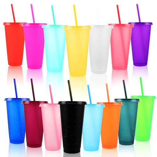 LDXDRU 15 Stück Trinkbecher mit Deckel, 710 ml Plastikbecher Bunt Wiederverwendbar Kunststoffbecher mit Deckel, Kaffeebecher to go Becher Tumbler für Festival, Party, Camping