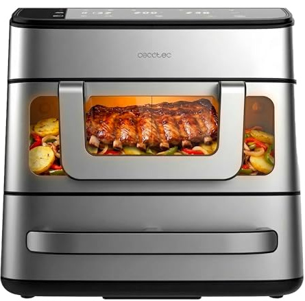 Cecotec Heißluftfritteuse und Ofen 18L Cecofry FoodCourt 18000 4Pizza+. 2700W, Pizzaofen 12 inklusive Stein, 9L Heißluftfritteuse, Trennwand, Farbbildschirm, Edelstahl, Synchronisation der Körbe