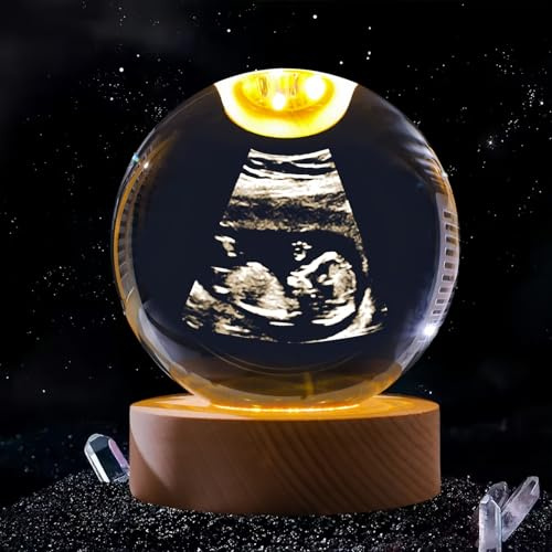 MEIEG Bola De Cristal Con Foto De Ultrasonido B Personalizada Con Base De Luz LED, Lámpara De Bola De Cristal Con Foto Tallada En 3D, Regalo Personalizado para Futuros Padres(8cm/3.15in)
