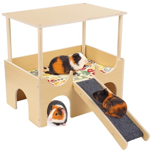 Deskium Haus für Meerschweinchen, großes Holzversteck mit zwei Ebenen, Käfig für Kleintiere mit gepolsterten Pads, Haustier-Lebensraum mit Treppe zum Spielen, Hamsterverstecken