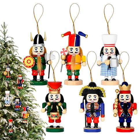 Ornamento natalizio di cracker di noci | 6 pezzi Soldati cracker di noci in legno con cinturino - figurina per decorazioni per le vacanze decorazioni del mantello 'albero di Natale