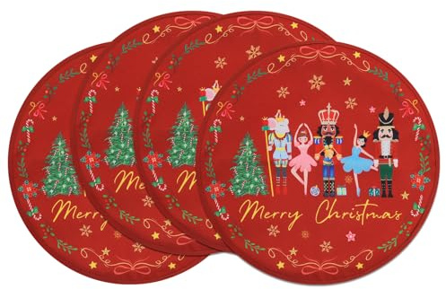 Arquiel Set di 4 Tovagliette Americana Natale, Tovaglietta Rotondo Inverno Rosso Schiaccianoci Doppio Lavabili Strato Resistenti Calore, Facile Pulizia, Antiscivolo Per Feste Tavolo Cucina, 36x36CM