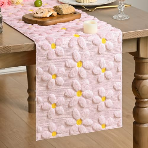Artoid Mode Chemin de table en velours doux en fausse fourrure rose pâquerettes roses printemps table de cuisine d'été, décor de fête/vacances, 33 x 183 cm
