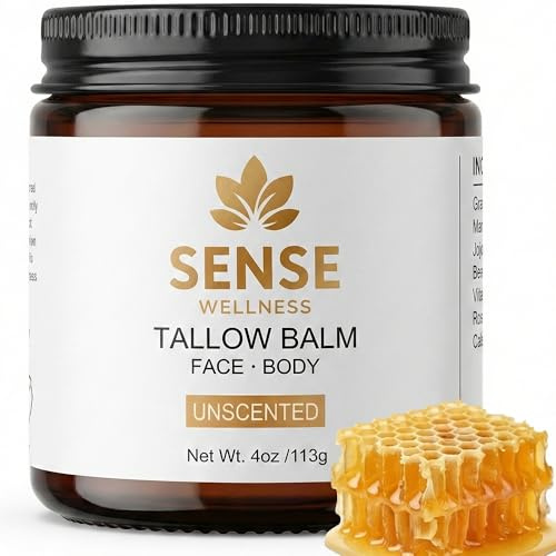 Sense Wellness Beef Tallow for Face & Skin, Moisturizing Balm for Dry Sensitive Skin with Manuka Honey, Unscented, 4 oz