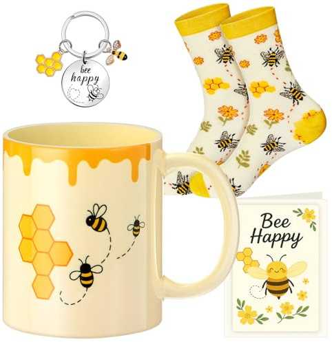 Jadive 4 Pcs Cute Bee Happy Themed Gifts Set for Women Includes Honeycomb Ceramic Mug, Yellow Cotton Socks, Honeycomb Keychain and Greeting Card for Bee Birthday Mother's Day Gifts