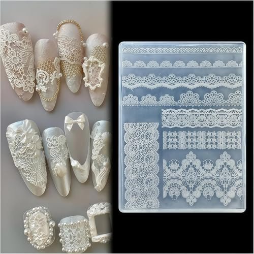 Vesavifaka Silikon Nagelschablonen, 3D Spitze Nageldesign Schablonen, Nagel Charms Silikon Nagelwerkzeuge Y2K Dekoration, Nagelkunst Nageldekorationen für Accessoires Nagelbedarf