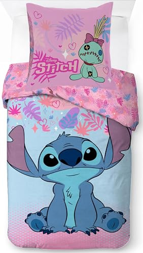 Parure de Lit Stitch Disney pour Enfant, Housse de Couette Réversible 140x200 cm, Taie d'oreiller 65x65 cm, 100% Coton (Parure de Lit Lilo and Stitch)