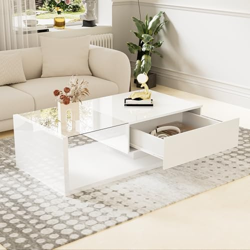 QSOST Table Basse Blanche Moderne avec Verre et Effet LED – Design Brillant/Laqué, Table d'Appoint Élégante pour Salon Contemporain (Blanc)