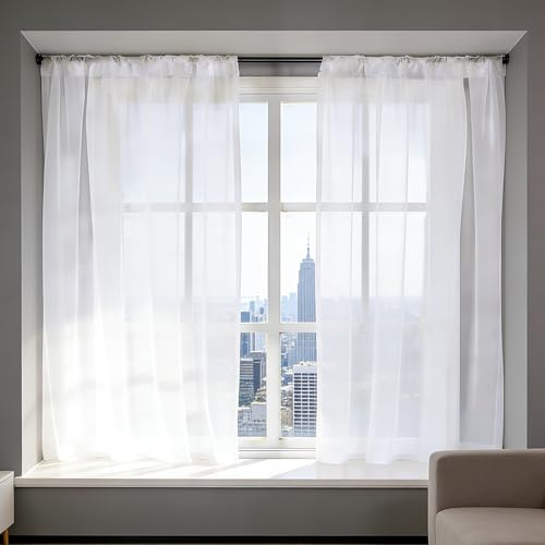 Cortinas Visillos 65 x 155 cm con Cinta Fruncidora, Aspecto de Lino, con Ojales, Translucido, Fitrado de Luz, Suaves, Decorativos, Cortina Blanca Translucida Visillos para Salón Dormitorio, Blanco