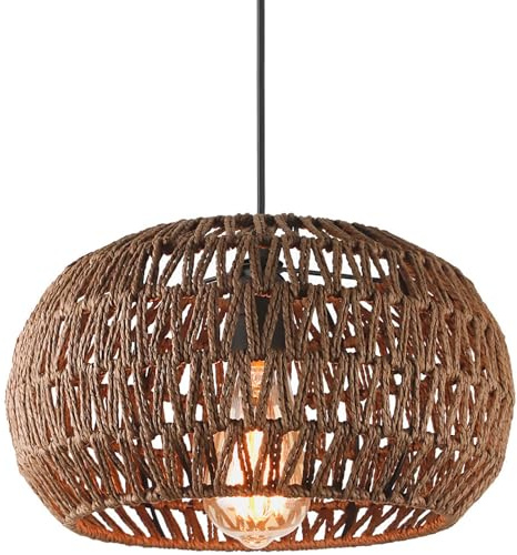 Lampada a sospensione in rattan rustico,marrone caffè,intrecciata a mano, lampada a sospensione sferica per isola da cucina, lampadario rustico sospeso a forma di cesto di vimini,adatta per soggiorno