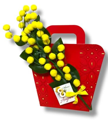 Confezione Regalo Festa della Donna con Scatola Borsa Rossa, Praline al Cioccolato al Latte 150g, Mazzo Mimose Artificiali 25cm, Idea Regalo 8 Marzo