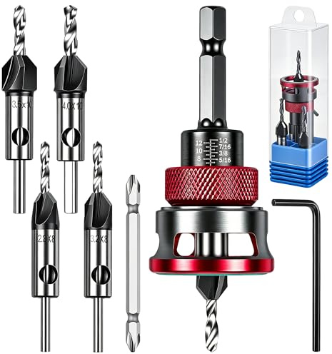 6PCS Countersink Drill Bit Set with Adjustable Depth Stop, 4 HSS Tapered Bits, L Shape Wrench Wrench, a Screwdriver Bit, 0.7mm Hex Shank, Countersink Bit Set for Wood, Plastic, Woodworking
