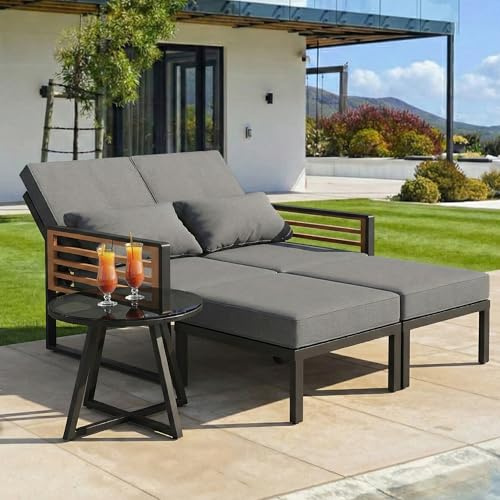 PLLBIKK Sonnenliege Rattan für 2 Personen, Gartenliege mit Couchtisch & Polstern, Loungebett Doppelliege Liege Outdoor Wetterfest für Garten, Balkon, Terrasse (B)