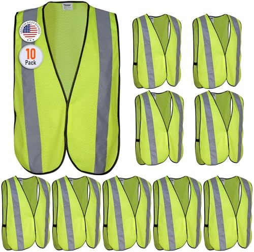Safety Vest with High Visibility - 2 Inch Reflective Strips, Bright Neon Yellow, Breathable Polyester Mesh Fabric, ANSI ISEA Class Unrated, Hi Viz All Day and Night (10 Pack - Small-Large)