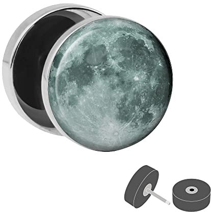 Treuheld | Ohrstecker zum Schrauben - MOND - schwarz-grau - Motiv Fake-Plug Ø 10mm Silber - Edel-Stahl Ohr-Ringe - Chirurgen-Stahl 316L Fake-Tunnel - Gewinde Ohr-Stecker - Moon