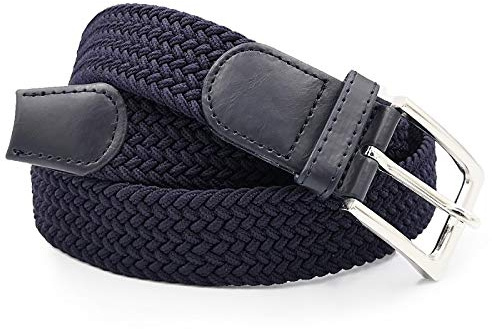 GLOMY Unisex flätat elastiskt bälte, 3,5 cm, trådfritt, metallspänne, stretchigt bälte, avslappnad elegant för jeans, chinos och klänningar, Mörkblå, 110