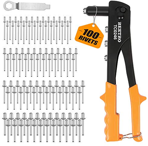 BEETRO Heavy Duty Hand Riveter, Rivet Gun Set, 3/32 inch-1/8 inch-5/32 inch-3/16 inch, 4 Nosepieces Set Includes 100pcs Rivets, Durable and Suitable for Metal, Plastic and Leather