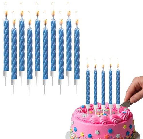 AEX Pack of 10 Blue Birthday Candles with Holders | Spiral Cake Candles for Cakes | Non-Toxic Wax Birthday Cake Candle Set | Party Candles for Birthday, Anniversary & Celebration Cakes