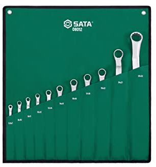 SATA ST08012 Doppelringschlüssel, Ringschlüssel, Schraubenschlüssel Set metrisch 5.5-32 mm gekröpft und poliert aus CR-V-Stahl in praktischer Roll-Tasche 10 Tlg.