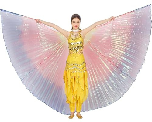 Leemiman Damen Bauchtanzflügel für Erwachsene Bauchtanz Kostüm für Halloween Karneval Performance Engelsflügel mit Stöcken, regenbogenfarben, Einheitsgröße