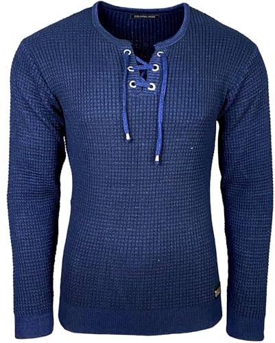 Subliminal Mode Maglione Uomo in Maglia con Scollo a V con Laccio - Stile Basic - Vestibilità Aderente - Pullover Lavorato a Maglia Invernale Maniche Lunghe - Idea Regalo BX52132, blu, M