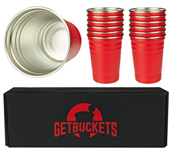 GetBuckets® ölpong mugg set (12 st) | Rostfritt stål diskmaskinssäker återanvändbar stabil | originalmått röda koppar 40 ml. /473 ml