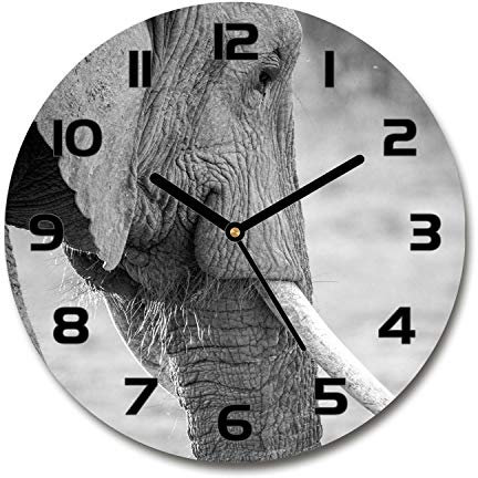 Tulup Glasuhr ⌀ 60cm - Schwarze Zeigern - Wanduhr Wandkunst Bild Gehärtetem Glas Uhr Echtglas Küche Wohnzimmer - Elefant