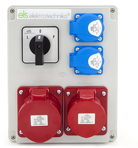 ELS Elektrotechnika Distributore di corrente da costruzione, 2 prese Schuko da 230 V + 1 CEE 32 A e 1 CEE16 A + interruttore a camme L-0-P, cablato, pronto per il collegamento, officina, garage, IP44