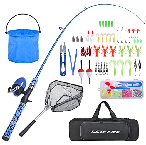 LEOFISHING Juego de caña de pescar para niños con kits completos de iniciación, caña de pescar telescópica portátil y carrete Spincast con una red de pesca y cubo para niños, niñas y jóvenes (azul)