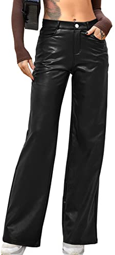 Navneet Women Faux Leather Pants PU High Waist Straight Leg Pants with Pockets Leather Leggings Bell Bottom Flare Pants, Black, XL Plus Size