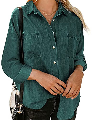 Sawmew Damen Jeanshemd Bluse Langarm Einfarbig Knopfverschluss Loose Fit Jeanshemd Top Damen Täglich Mode Trendige Jeansbluse (Color : Dark Green, Size : 3XL)