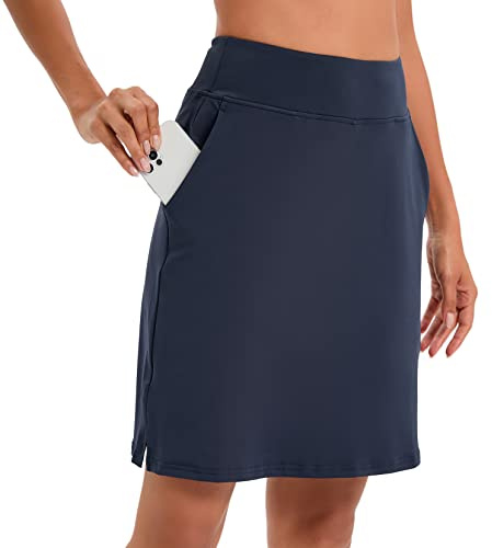 Timuspo Sportkläder för damer, knälång byxkjol med innershorts, atletisk tenniskjol med hög midja, kjol med byxor, perfekt för sport, golf, vandringsträning.