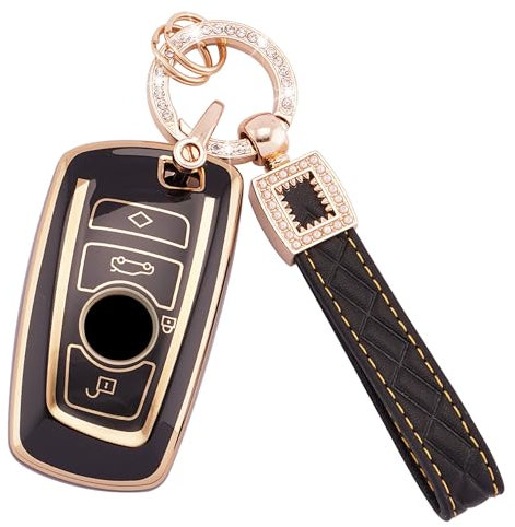 Koaudb Autoschlüssel Hülle Cover Passt für BMW 1 3 4 5 6 7 Series X3 X4 M5 M6 GT3 GT5 3, 4 Tasten Schlüsseletui TPU Schlüsselhülle mit Lederanhänger Schlüsselanhänger (BP-BM-4A)