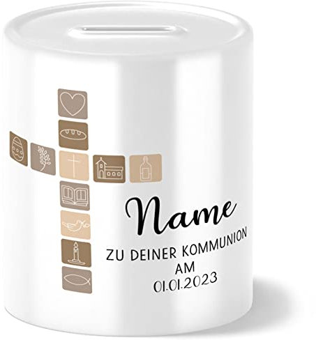 OWLBOOK Kommunion Kreuz mit Symbolen beige Spardose personalisiert Geschenk Kommunion Geschenke für Mädchen und Junge Gastgeschenk Geldgeschenke Erstkommunion