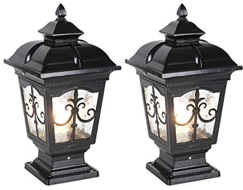 PTOUG 2 Pack Outdoor Column Lights, Traditional Waterproof Garden Post Light Aluminum Modern Fence Pillar Lamp Outdoor External Patio Landscape Glass Post Lantern E26 Fixture