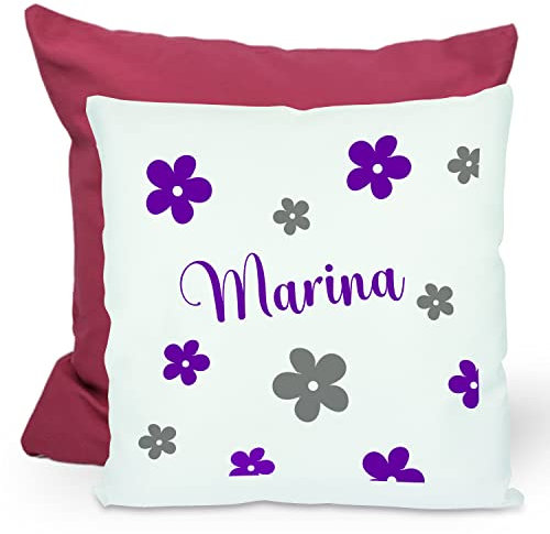 CreaDesign, Kinder Kissen 40x40 cm personalisiert mit Namen, Kinderzimmer Deko Kissen Kinder mit Füllung Federn, Motiv Blumen lila grau, Rückenfarbe Lila