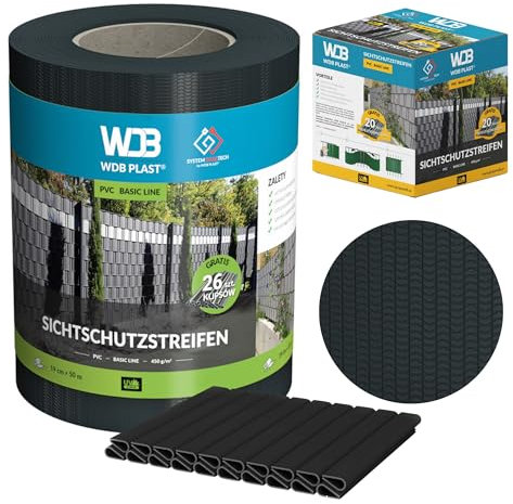 WDB - Sichtschutzstreifen für Doppelstabmatten Sichtschutz Zaun - 19 cm x 50 m + 26 Stück Befestigungsclips - PVC Windschutz Basic Line - Anthrazit - RAL 7016