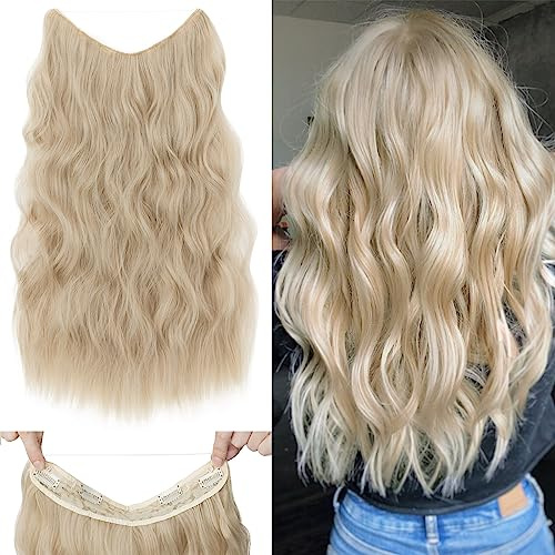 Silk-co Extensions mit Schnur, Secrets Haare Extensions Synthetik, Lange Gewellt Haarteil mit gummiband und clips, einstellbare Haarverlängerung für Frauen, Bleichblond Highlights Sandyblond 50cm
