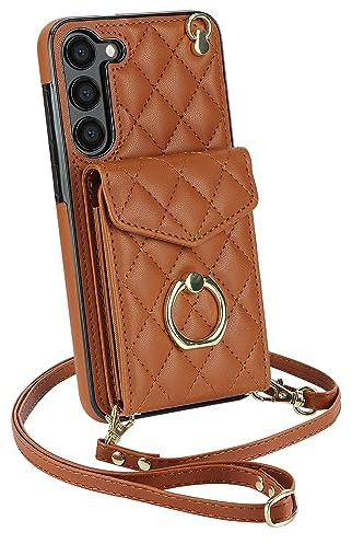 QLTYPRI Handyhülle für Samsung Galaxy S23 Hülle mit Band, Mikrofaser Leder Handykette Case mit Kartenfach Ringständer RFID Schutzhülle Lederhülle Tasche Etui für Samsung Galaxy S23 - Braun