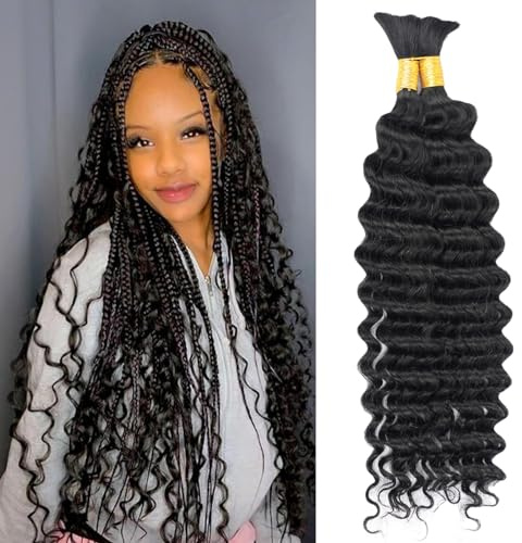 Jreitsere 100% Humain Cheveux en Vrac Hair Extensions Brésiliens Vierge Naturelle Human Hair Deep Wave Bulk Human Hair For Braiding 100 gram Noir Naturel 18 Pouces