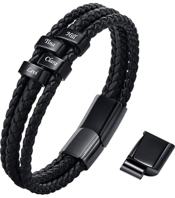 VNOX Herren Armband mit Gravur,Schwarz Lederarmband Herren Handgefertigt Geflochten,Personalisierte Armbänder für Herren,Weihnachtsgeschenke Geschenke für Männer Papa Freund Bruder