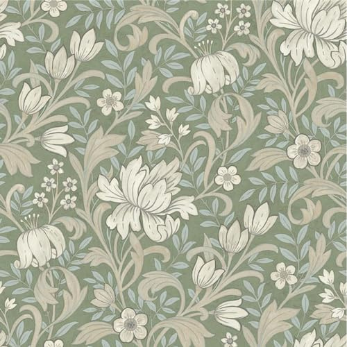 SOPHIE LAURENCE Papier peint floral vert sauge, feuilles bleu clair, fleurs beiges, papier peint lisse, mat, épais pour mur de salon, chambre à coucher