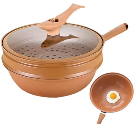 Sartén Wok con Tapa, Antiadherente, Wok de inducción con vaporera, Wok de Hierro con Tapa, sartén Wok para Todo Tipo de Fuegos, Incluye inducción